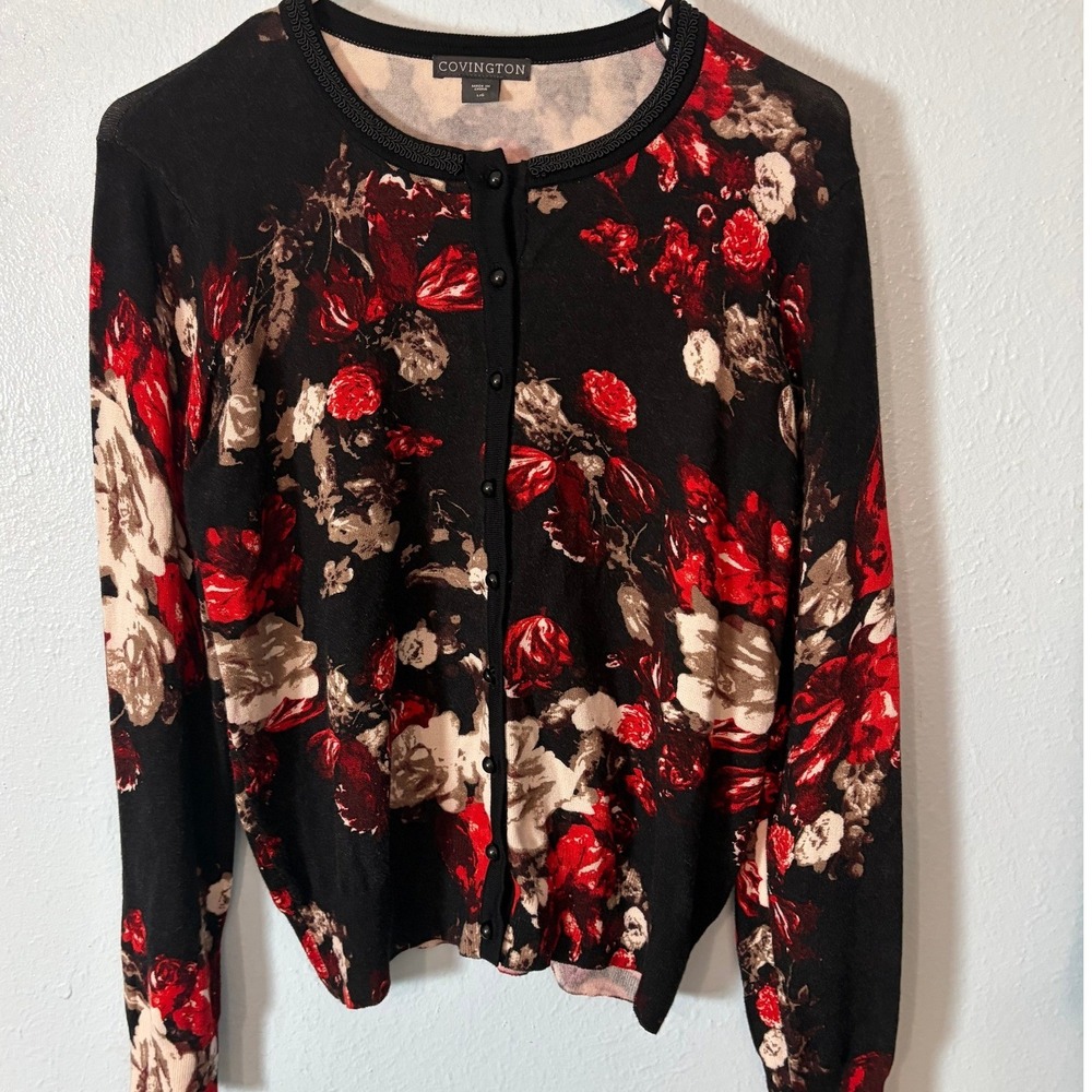 Covington Women Black Red Floral Cardigan Sweater Romantic Goth L Dark Academia